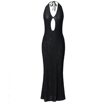Sparkling Pink Maxi Dress with Halter Neckline and Cutout Details Glamorous Evening Wear