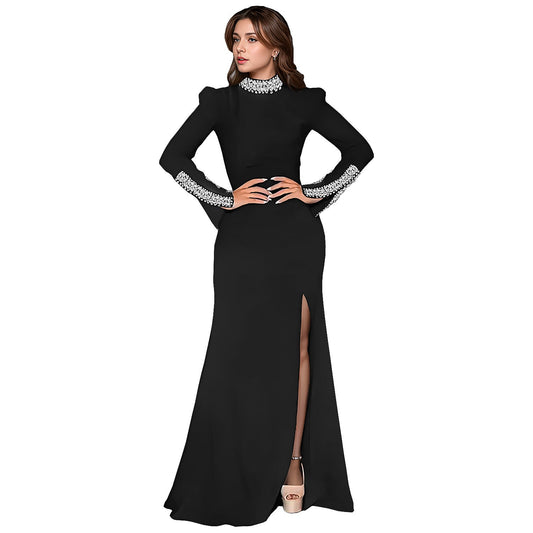 Maxi Dress for Women Rhinestone Split Design Long Sleeves Party Wear