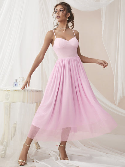 Sultry Sleeveless Midi Dress Mesh Stitching ALine Silhouette for a Night Out Party Fashion