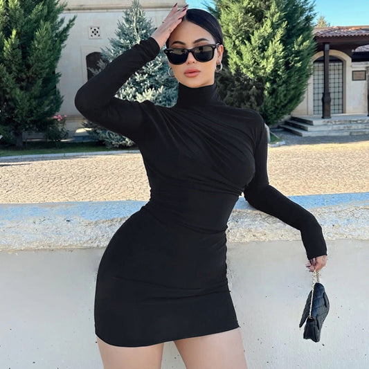 Sleek Solid Color Bodycon Dress for Parties Chic Long Sleeve Mini Dresses for Women