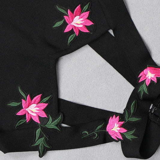 Black Mini Dress for Evenings with Floral Embroidery and Cutout Detailing