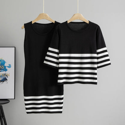 Summer Striped Mini Dress with Crew Neck and Half Sleeves Viscose Bodycon Dress