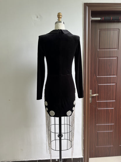 Black Corduroy Bodycon Blazer Dress Fringe Hem Long Sleeve Elegant Party Outfit