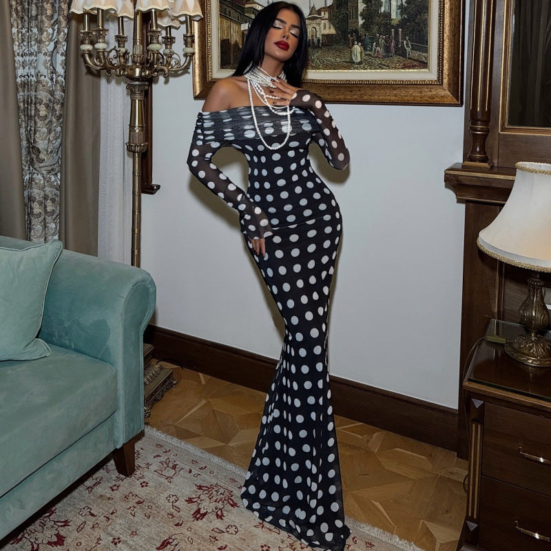 Off Shoulder Maxi Dress for Women Chic Polka Dot Print Long Sleeve Bodycon Dress