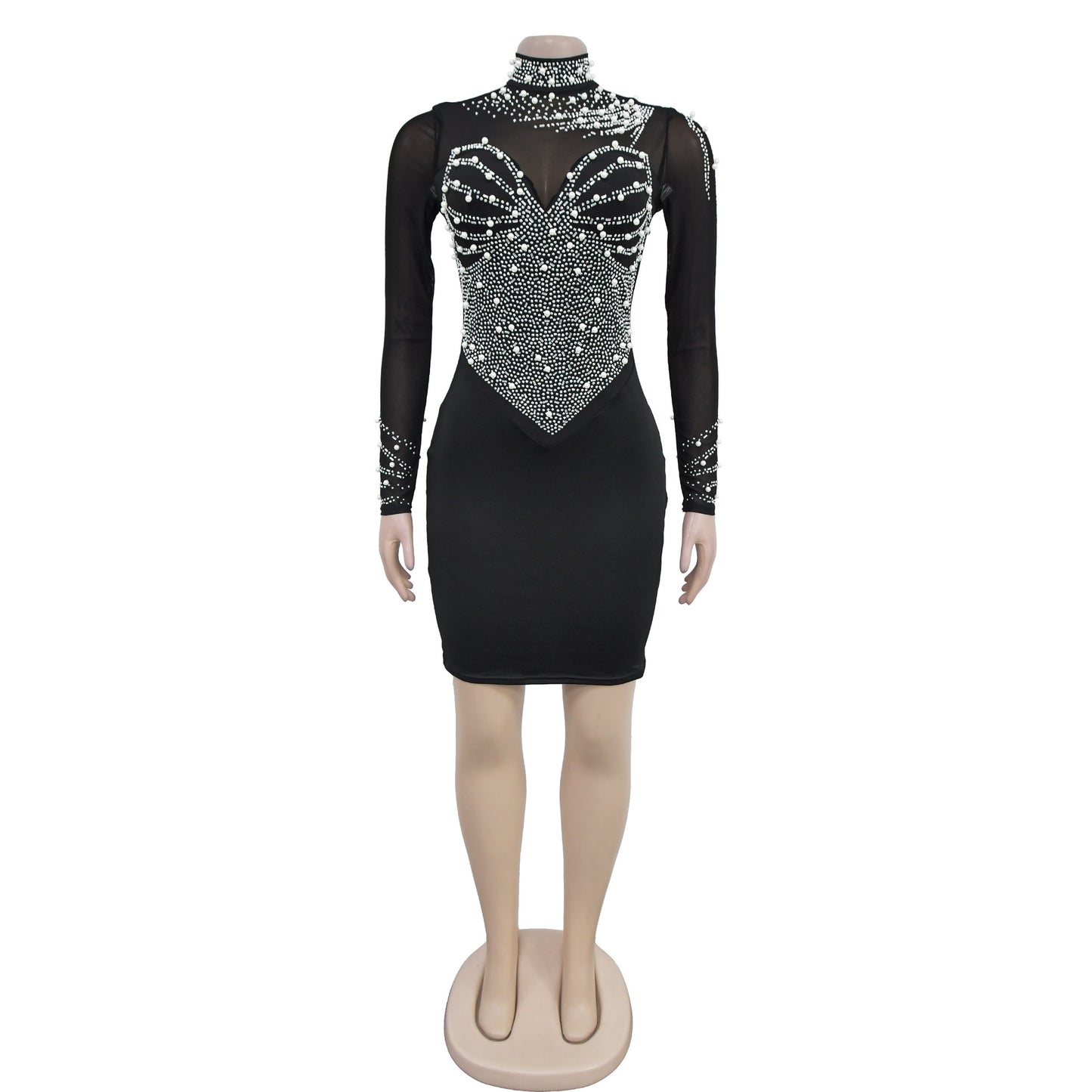 Sexy Rhinestone Mesh Mini Dress with Long Sleeves for Parties Clubbing and Events Trendy Short Dresses