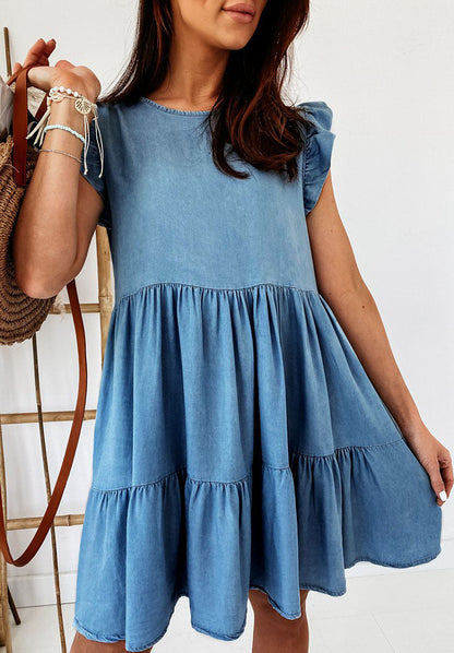 Casual Denim Shift Dress for Women Round Neckline Short Sleeves Daily Wear Summer Style
