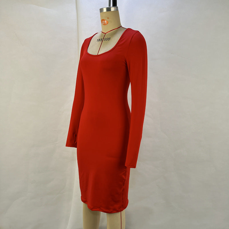 Bodycon Dress with Long Sleeves Stylish Autumn Midi Dress for Women Solid Color Fashion