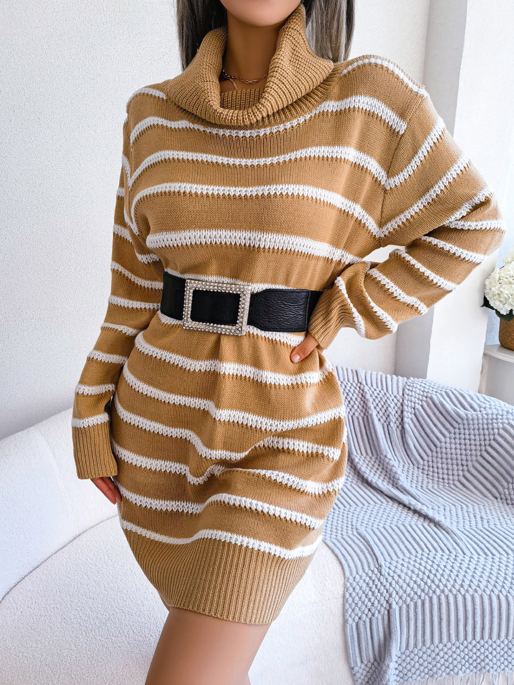 Cozy Turtleneck Striped Sweater Dress for Fall Winter Womens Fashion Base Dress