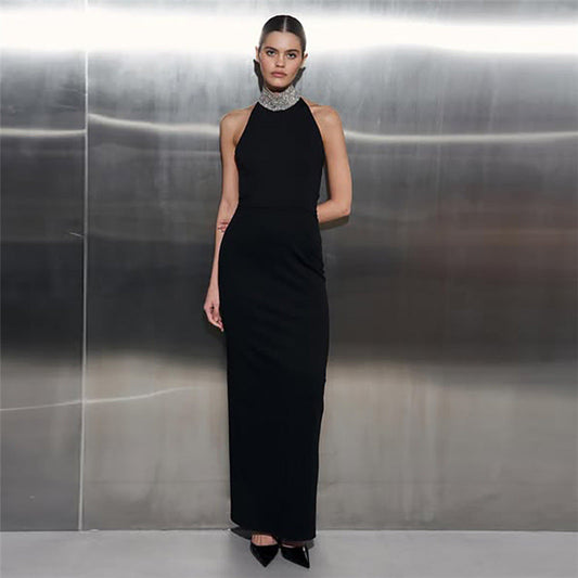 Sultry Halter Neckline Maxi Dress Elegant Winter Evening Wear Bodycon Gown