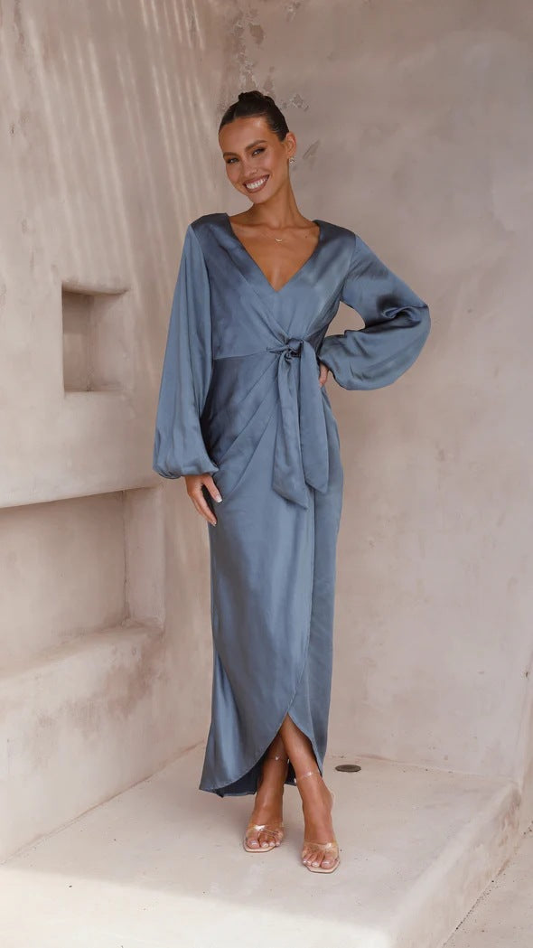 Satin Wrap Mini Dress with Lantern Sleeves Sexy Party Style for Womens Fashion