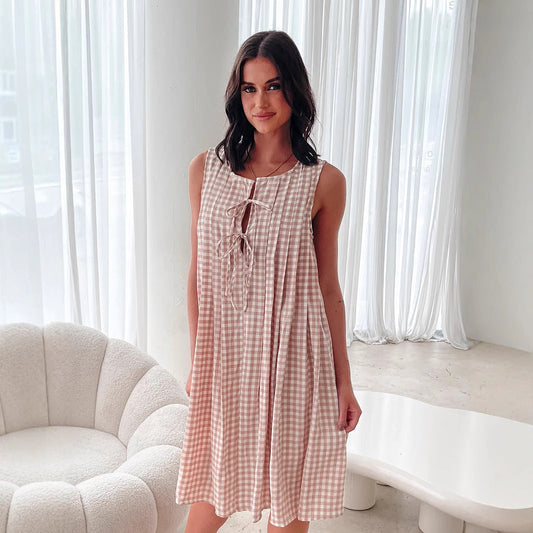 Chic Plaid Print Sleeveless ALine Dress for Summer Days Midi Length Dresses Casual Wear