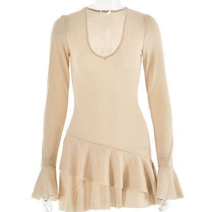 Sultry Bodycon Mini Dress with Flared Sleeves and a Plunging VNeck for Fall Evenings