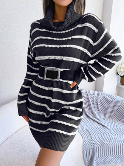 Cozy Turtleneck Striped Sweater Dress for Fall Winter Womens Fashion Base Dress