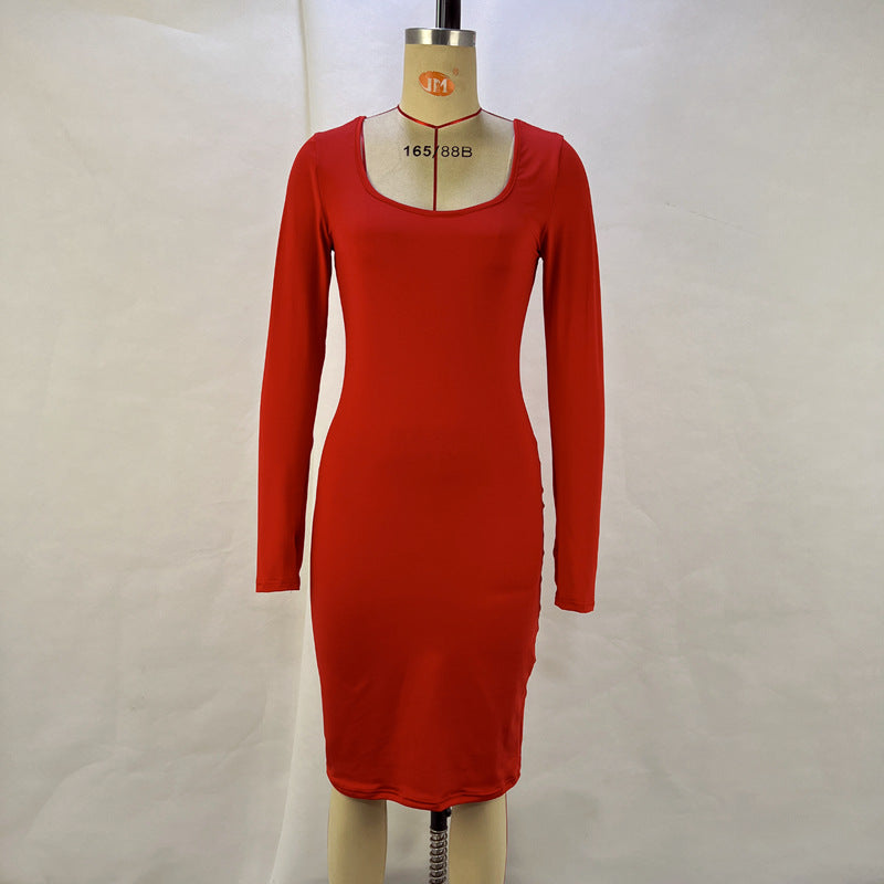 Bodycon Dress with Long Sleeves Stylish Autumn Midi Dress for Women Solid Color Fashion