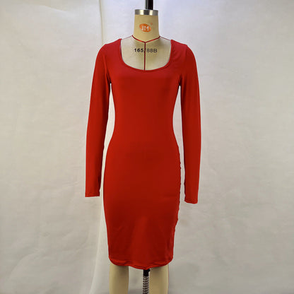 Bodycon Dress with Long Sleeves Stylish Autumn Midi Dress for Women Solid Color Fashion