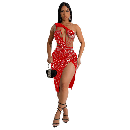 Sultry Summer Nights One Shoulder Bodycon Dress Rhinestone Embellished Party Dress Evening Wear