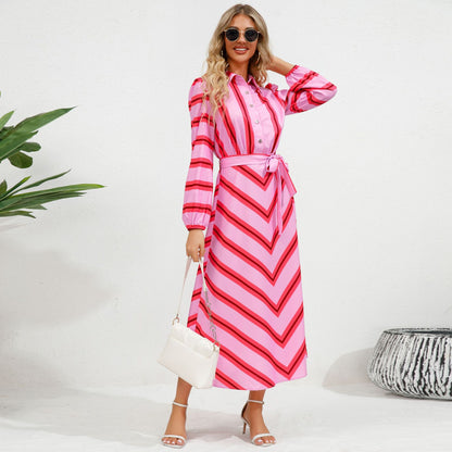 Elegant Striped Maxi Dress with Lantern Sleeves and Button Details for Effortless Style