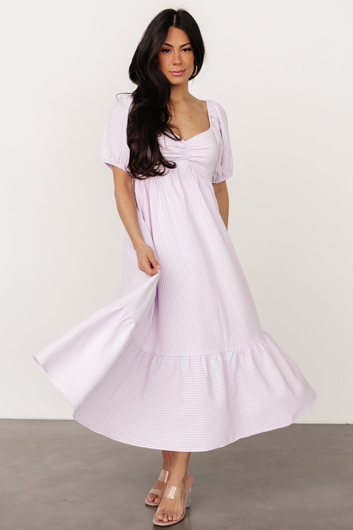 Stripe A Line Dress with Puff Sleeves and V Neck for Effortless Summer Style