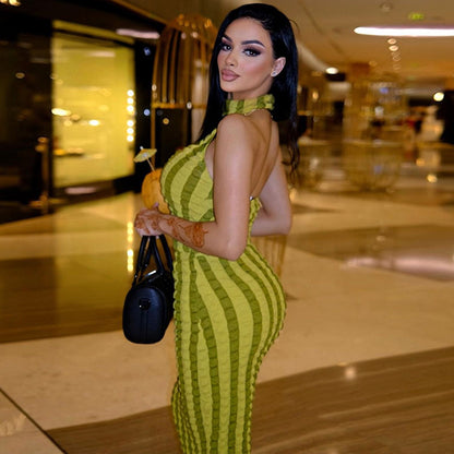 Sultry Striped Maxi Dress Backless Design for Women Summer Fashion Beach Party Outfits