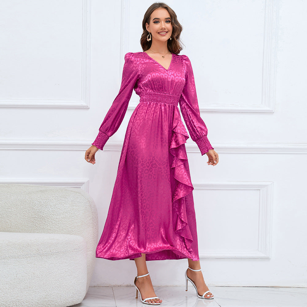 Autumn Leopard Print Maxi Dress VNeck Long Sleeve Ruffled Elegant ALine Dress for Women