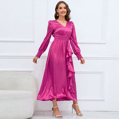 Autumn Leopard Print Maxi Dress VNeck Long Sleeve Ruffled Elegant ALine Dress for Women