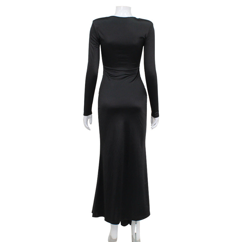 Elegant Satin Maxi Dress for Women Slim Fit with Long Sleeves and Tied Waist Spring Fashion