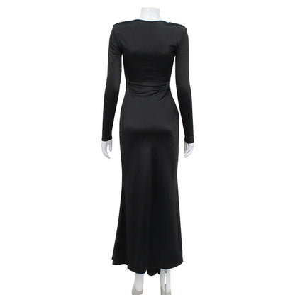 Elegant Satin Maxi Dress for Women Slim Fit with Long Sleeves and Tied Waist Spring Fashion