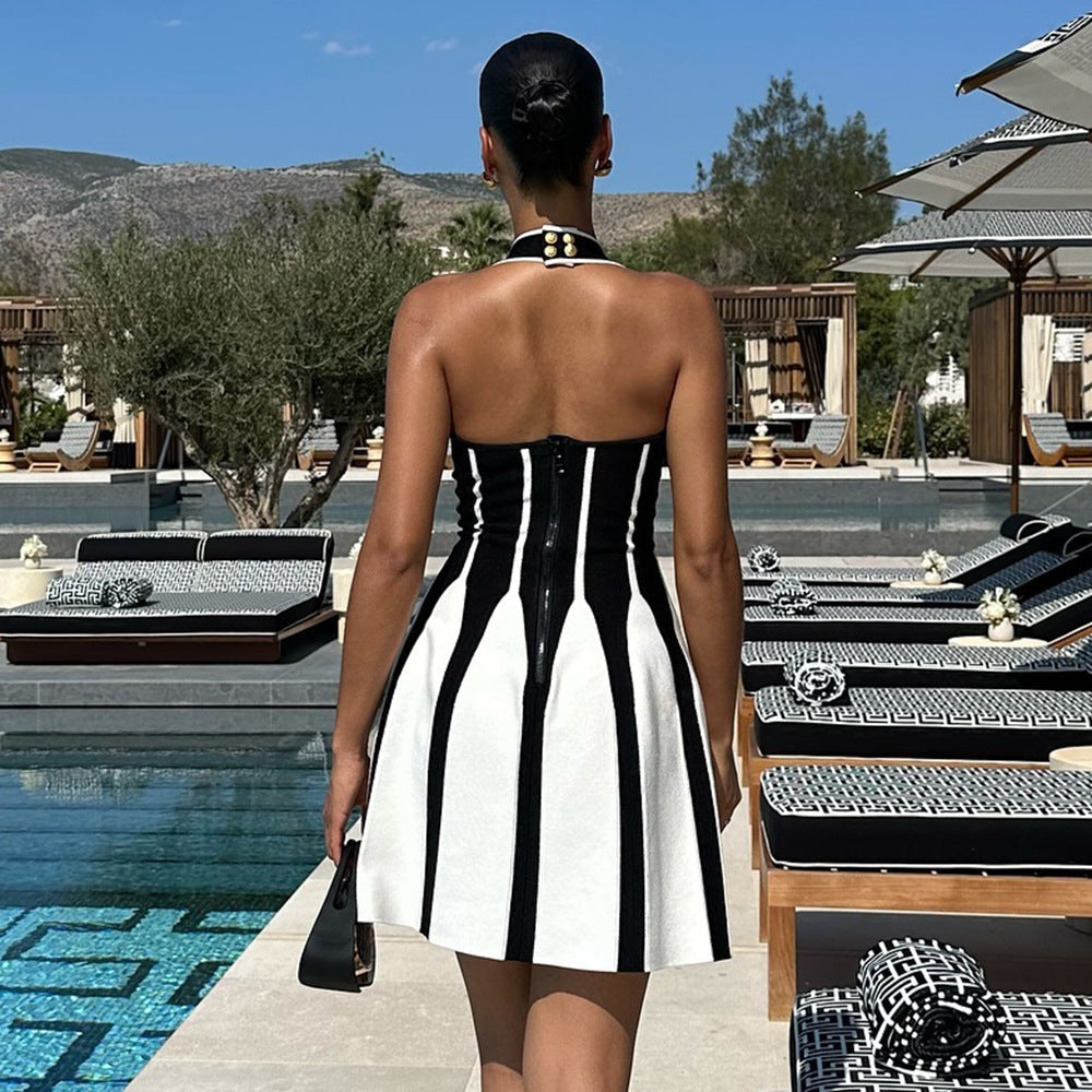 Summer Mini Halter Dress with Stripes Sexy Backless Style for Sunny Days