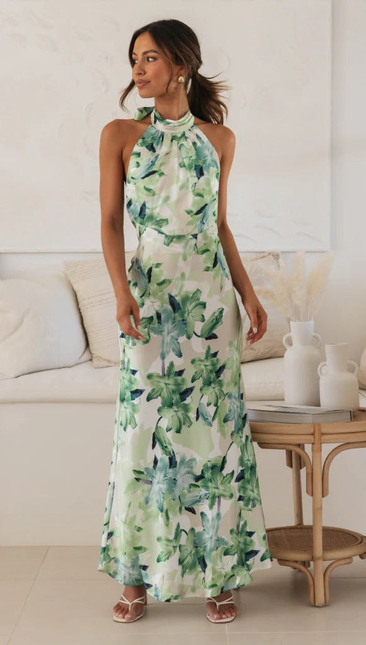 Elegant Floral Maxi Dress with Halter Neckline Perfect for Summer Days and Evenings Casual Wear