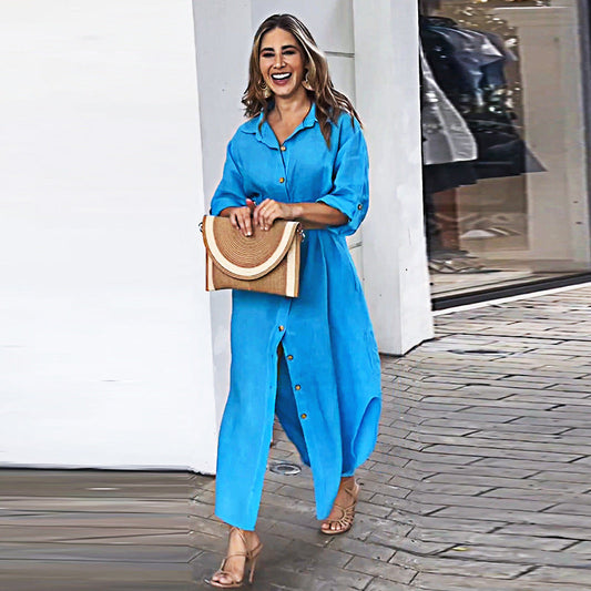 Long Sleeve Maxi Shirt Dress for Women Casual ALine Dresses with Button Detail