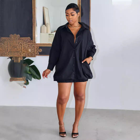 Autumns Embrace Solid Color Shirtdress with Pockets Effortless Style for Daily Wear