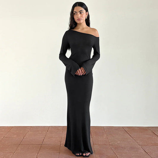 One Shoulder Maxi Dress for Women Solid Color Formal Attire Party Wear Evening Gown
