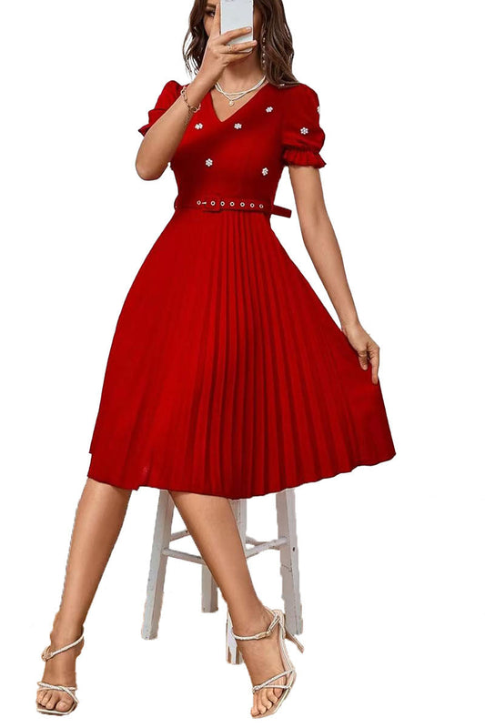 A Line Evening Dress with Puff Sleeves and Belted Waist Perfect for Special Occasions