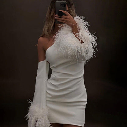 Asymmetrical Mini Dress with Trumpet Sleeves Party Ready Feathered Details for a Night Out