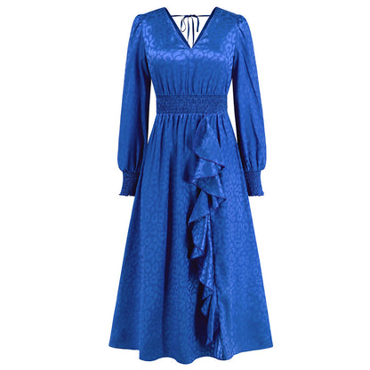 Autumn Leopard Print Maxi Dress VNeck Long Sleeve Ruffled Elegant ALine Dress for Women