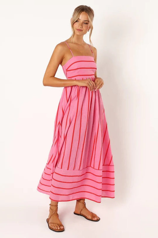 Striped Maxi Dress for Summer Vacation Style with a Cutout Back and Sleeveless Design