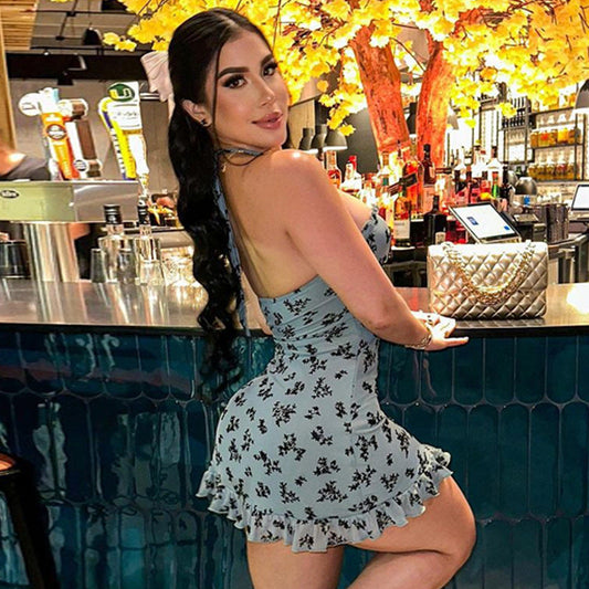 Floral Bodycon Mini Dress Lace Up Halter Neckline Party Club Summer Outfit