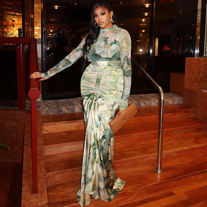 Printed Two Piece Set Long Sleeve Maxi Skirt Outfit Office Fashion for Women