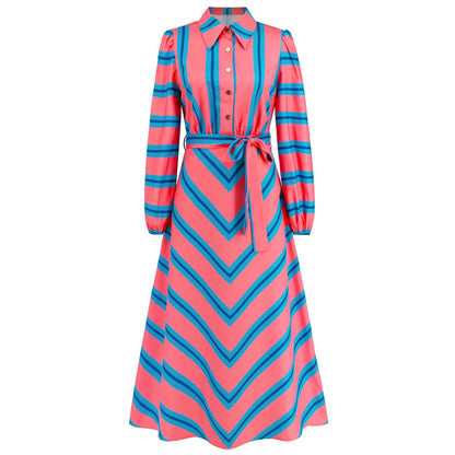 Elegant Striped Maxi Dress with Lantern Sleeves and Button Details for Effortless Style