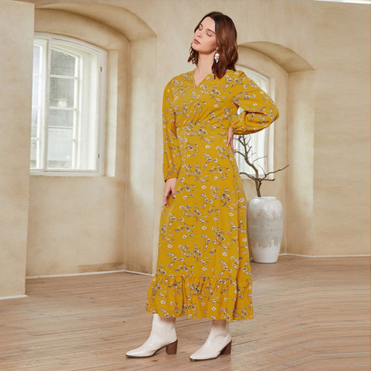 Floral Maxi Dress with Belt and Ruffles for Spring and Fall Boho Vacation Style