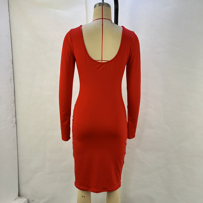 Bodycon Dress with Long Sleeves Stylish Autumn Midi Dress for Women Solid Color Fashion