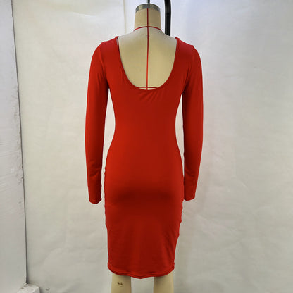 Bodycon Dress with Long Sleeves Stylish Autumn Midi Dress for Women Solid Color Fashion