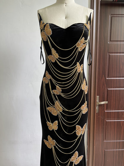 Sleek Black Maxi Dress with Chain Strap Details for Glamorous Evenings Evening Gown
