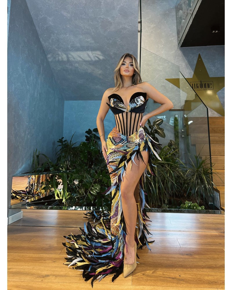 Showstopping Red Carpet Gown with Delicate Beading and Feathered Detailing Formal Dress