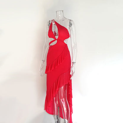 Bold Red Asymmetrical Mini Dress with Ruffles and Cutouts Party Ready for Women