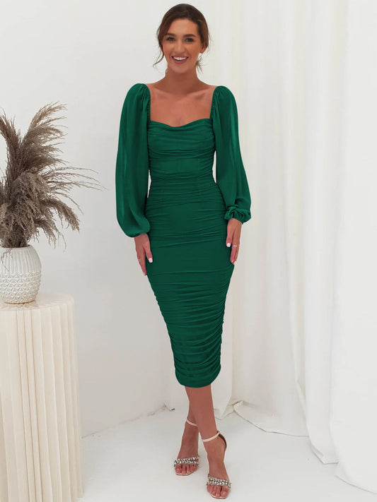 Elegant Square Neck Bodycon Dress with Lace Detailing and Long Sleeves for Special Occasions Bridesmaid Dresses