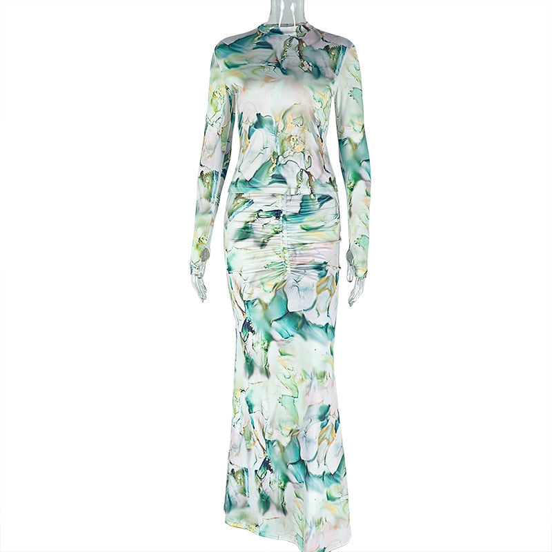 Printed Two Piece Set Long Sleeve Maxi Skirt Outfit Office Fashion for Women