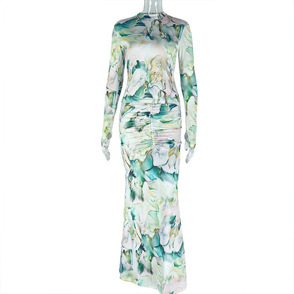 Printed Two Piece Set Long Sleeve Maxi Skirt Outfit Office Fashion for Women