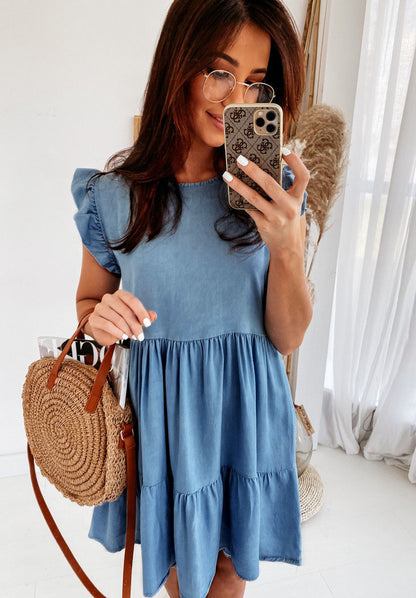Casual Denim Shift Dress for Women Round Neckline Short Sleeves Daily Wear Summer Style