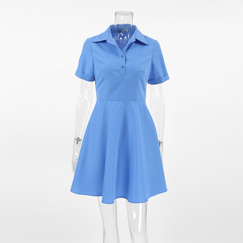 Summer Chic Collared Short Sleeve Slim Fit Dress for Women Office Wear Blue Dress